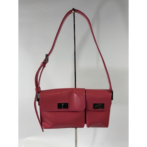 By Far Billie Patent Leather Top Handle Bag Bright Pink Pockets Toggles - Picture 4 of 14